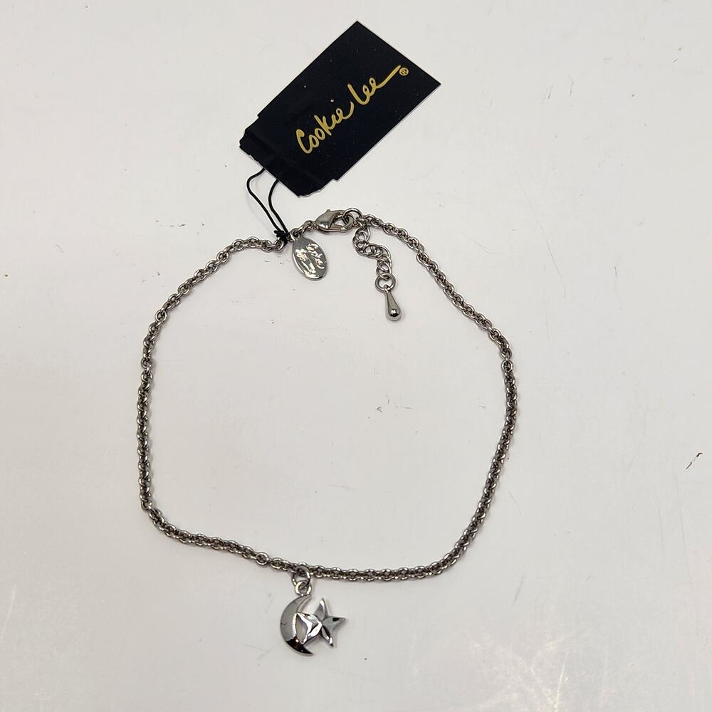 Cookie Lee Silver Tone Charm Chain Anklet Moon Star Adjustable Dainty Celestial